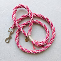 The hand-woven braided cotton rope dog leash in Berry Sorbet loosely looped on a grey textured background surface. color:Berry Sorbet