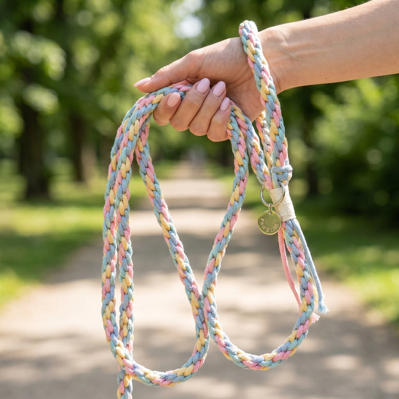 A close-up of a person holding the Cotton Candy Swirl rope leash by its loop, displaying its full length during an outdoor walk.