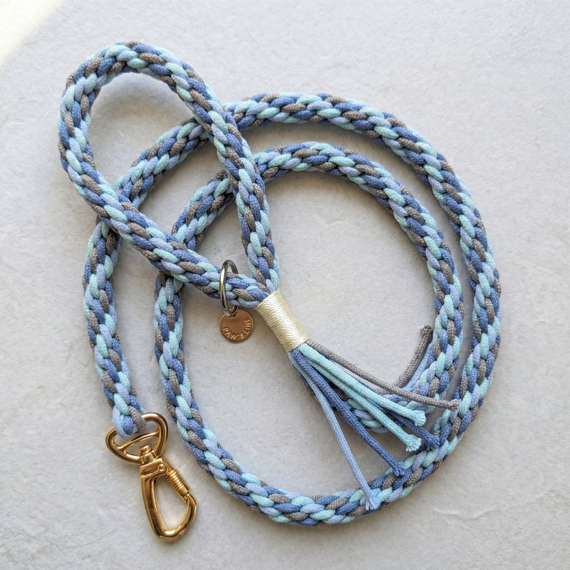 The Glacier Mist variant of the braided cotton rope dog leash displayed with a premium gold-toned swivel snap hook. color:Glacier Mist