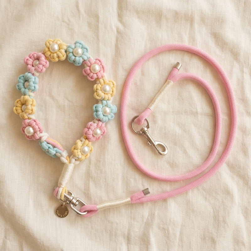 The Pearl & Blossom Dog Leash and matching collar set in Pastel Candy by Paw's Line, coiled neatly on a textured linen background.
