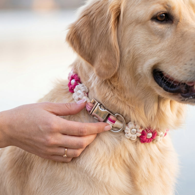 A golden retriever being fitted with the Flamingo Swirl macrame floral dog collar by a person's hands.