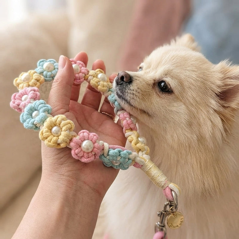 A fluffy cream Pomeranian dog inspecting the intricate handmade macrame flowers on the Paw's Line Pastel Candy collar and leash set.
