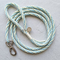 The Traverse Braided Paracord Leash in Mint Cream coiled neatly on a textured slate background with silver hardware. color:Mint Cream