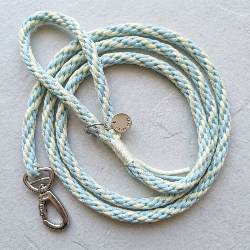 The Traverse Braided Paracord Leash in Mint Cream coiled neatly on a textured slate background with silver hardware. color:Mint Cream