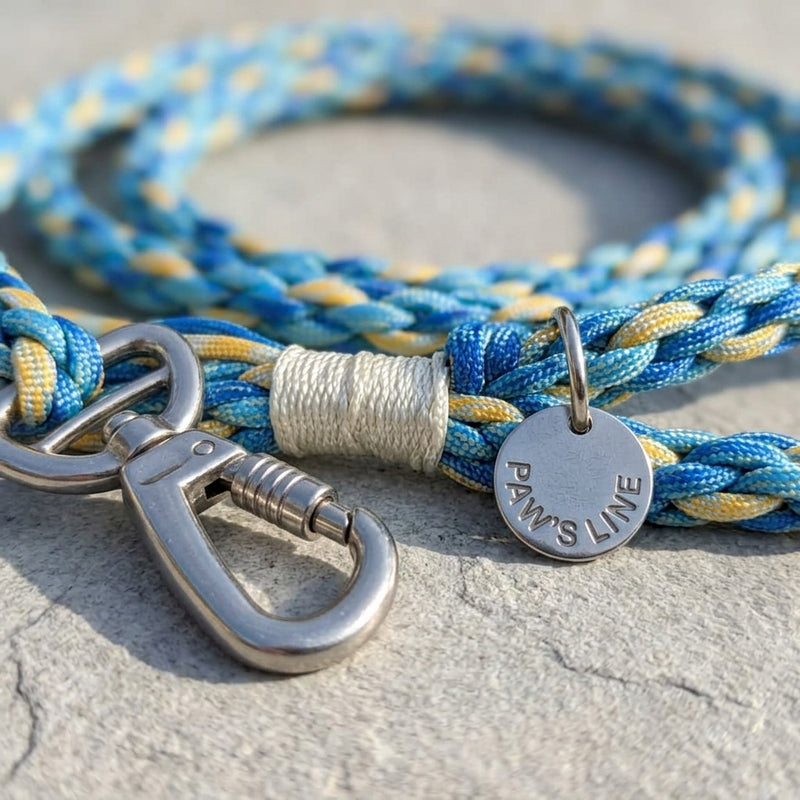 Close-up detail of the Ocean Breeze variant of The Traverse Braided Paracord Leash showing the rugged weave and silver tag. color:all